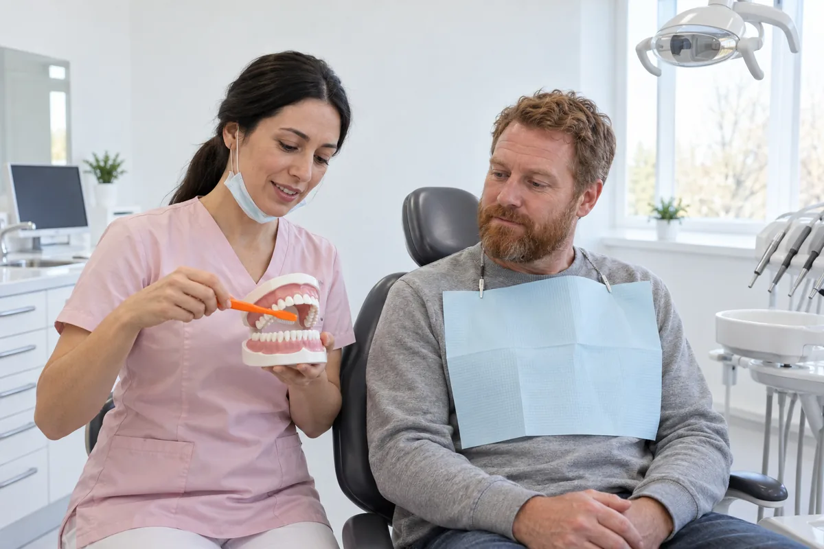 A dentist showing a seated male patient how to brush using a plastic teeth model and an orange toothbrush