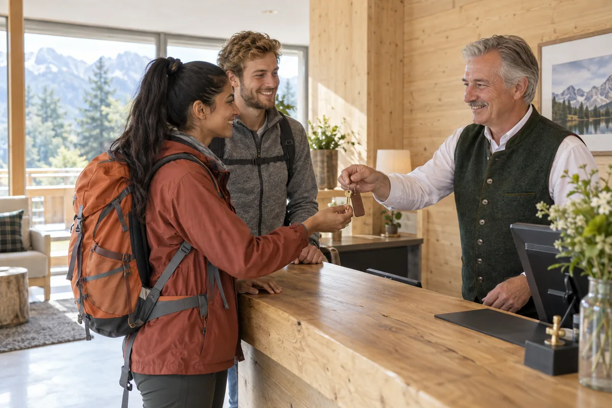 A lodge receptionist handing a brass key across a wooden counter to two guests in hiking clothes, one with an orange backpack
