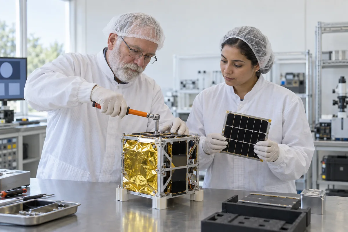 Two engineers in white coats assembling a small foil-wrapped satellite frame, one using an orange torque wrench