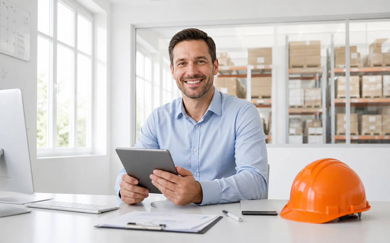 An operations lead holding a tablet in a bright warehouse office, with stock visible behind