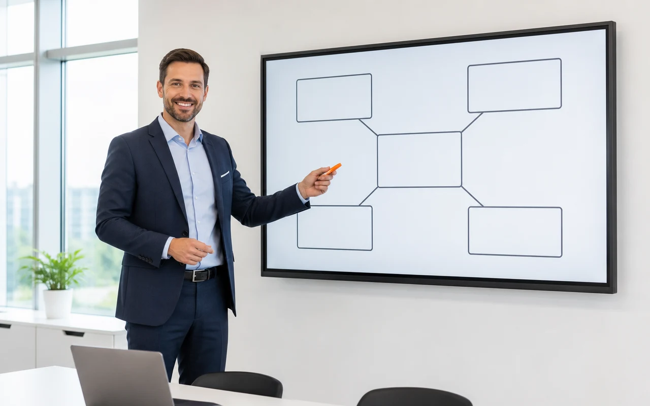 An operations manager presenting a diagram of one central engine feeding four connected channels