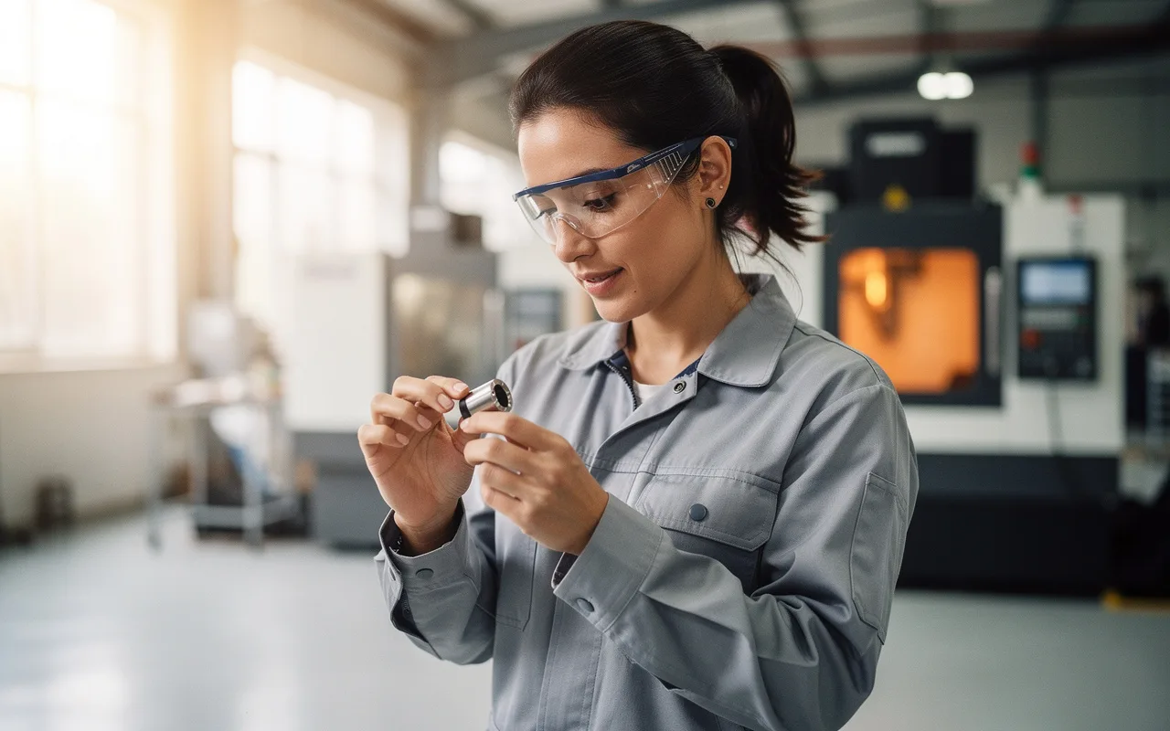 A manufacturing engineer in safety glasses inspecting a machined component