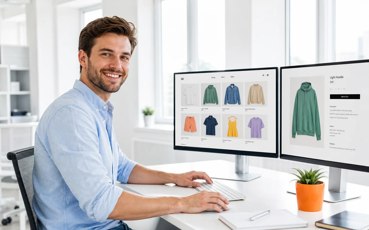 A developer at a bright desk reviewing a Magento catalogue alongside its rebuilt Shopify storefront