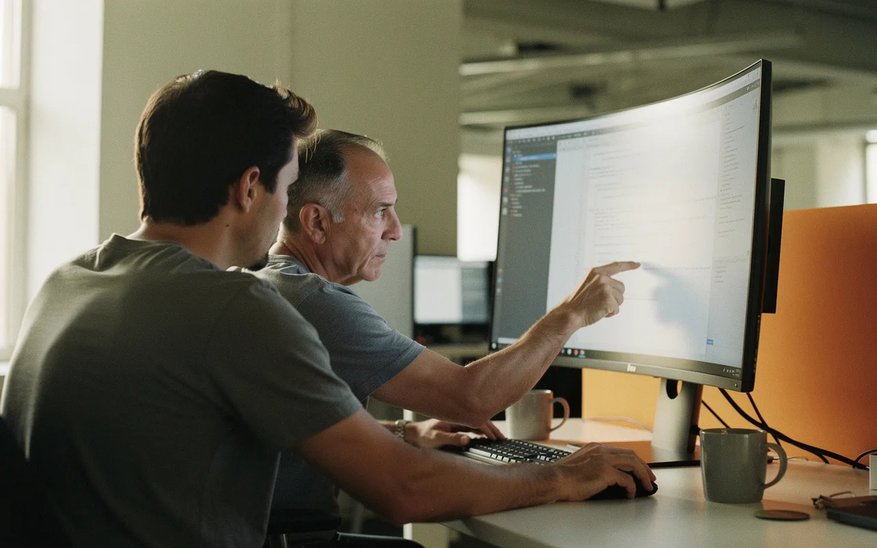 Two developers reviewing code together on a shared ultrawide monitor