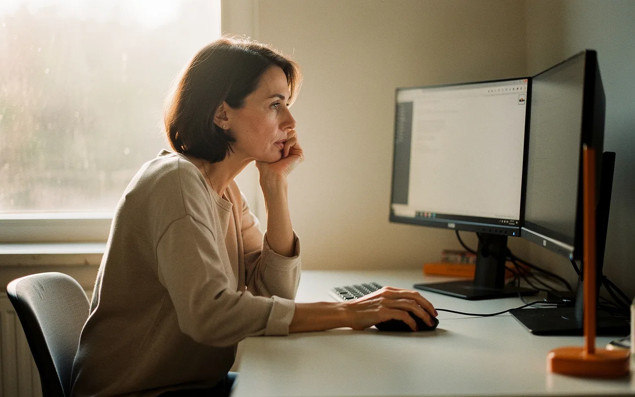 A woman reviewing two monitors at her desk, concentrating