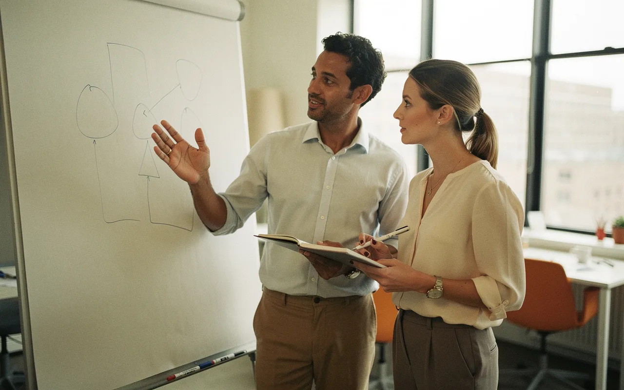 Two colleagues at a whiteboard working through a migration plan together