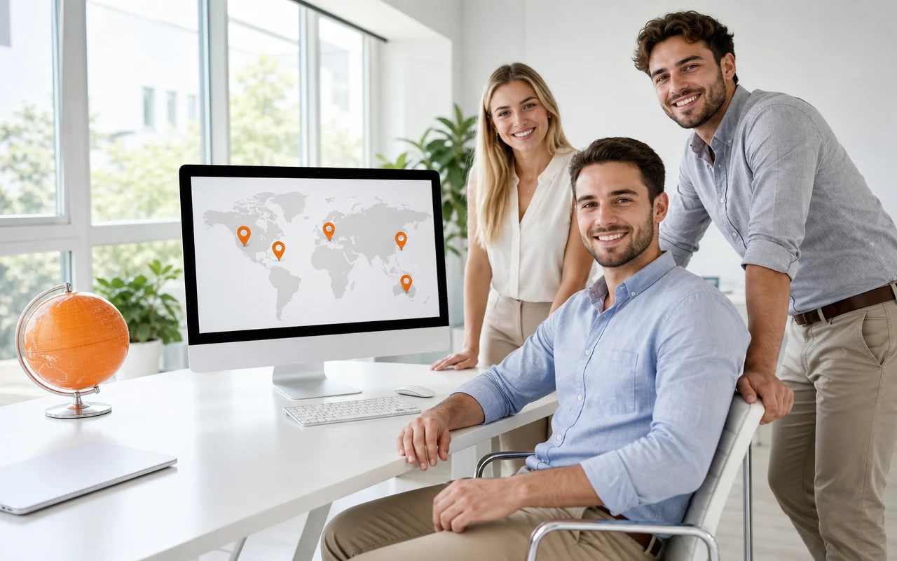 A team reviewing a world map of store locales on a large monitor