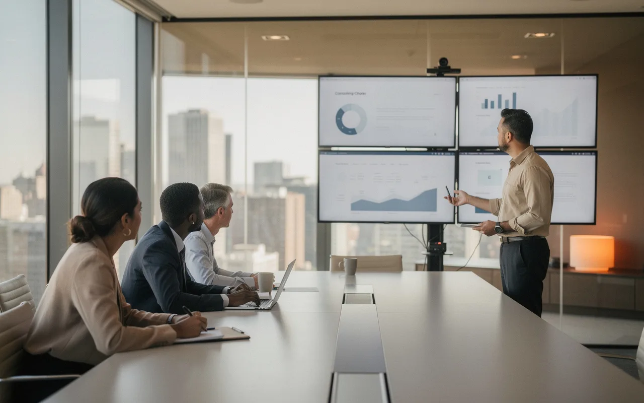 Executives reviewing dashboards in a glass-walled meeting room