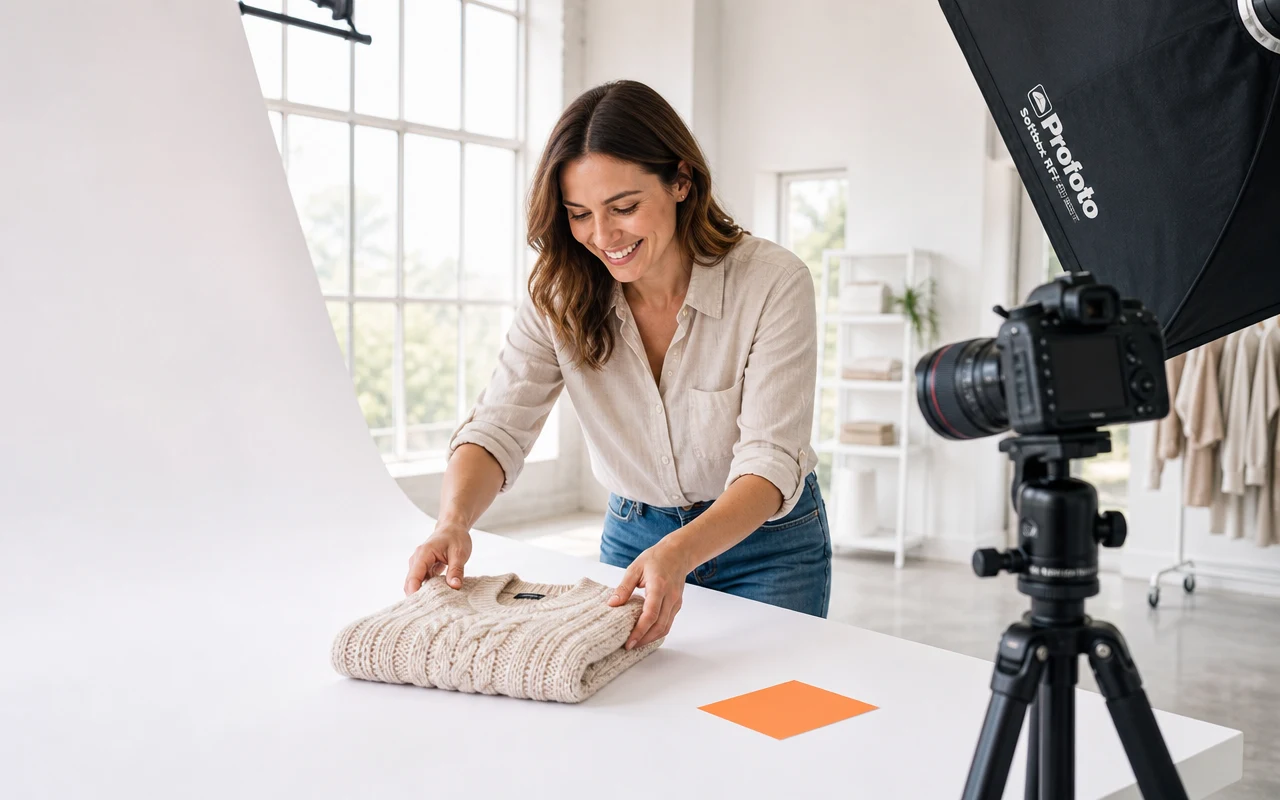 A product photographer styling a garment on a white sweep in a bright studio