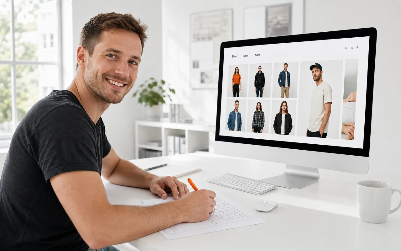 A designer sketching a page wireframe beside a monitor showing the rebuilt storefront