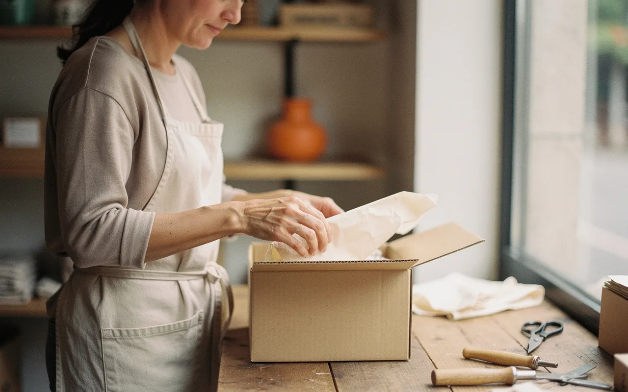 A shop owner packing a customer order at a wooden bench