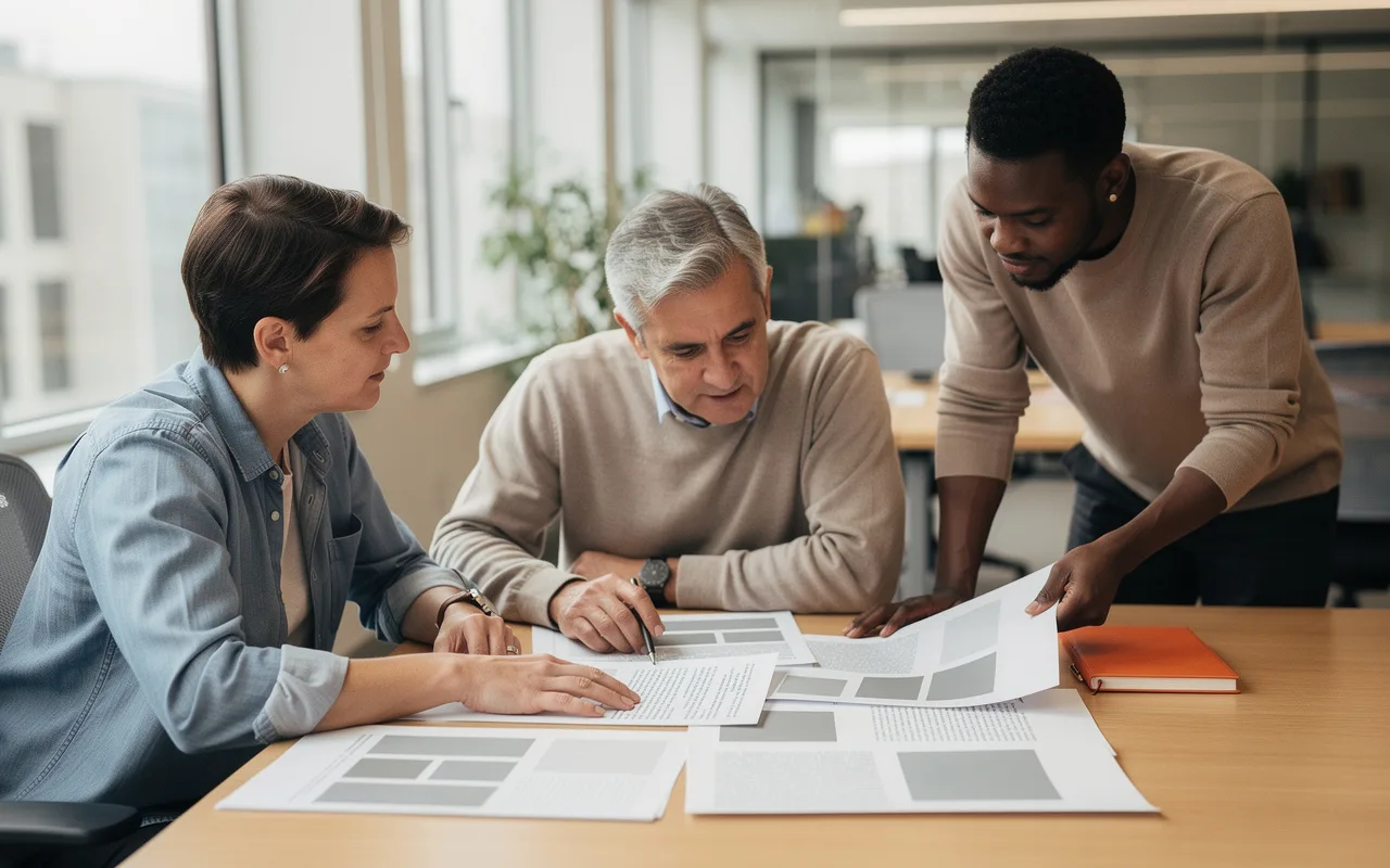 Three colleagues reviewing printed page layouts around a table