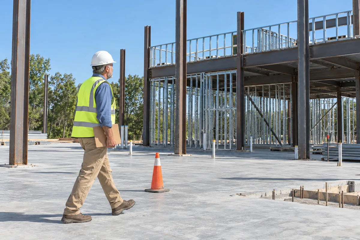 A man in a white hard hat and a yellow safety vest walks across a concrete slab holding a clipboard, with steel columns, metal framing and an orange traffic cone behind him