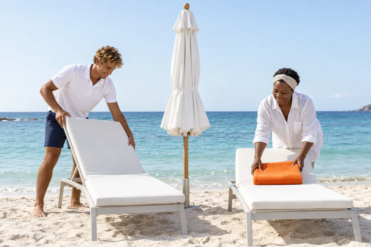 Two resort attendants setting up white sun loungers on a sandy beach, one laying a folded orange towel on a lounger