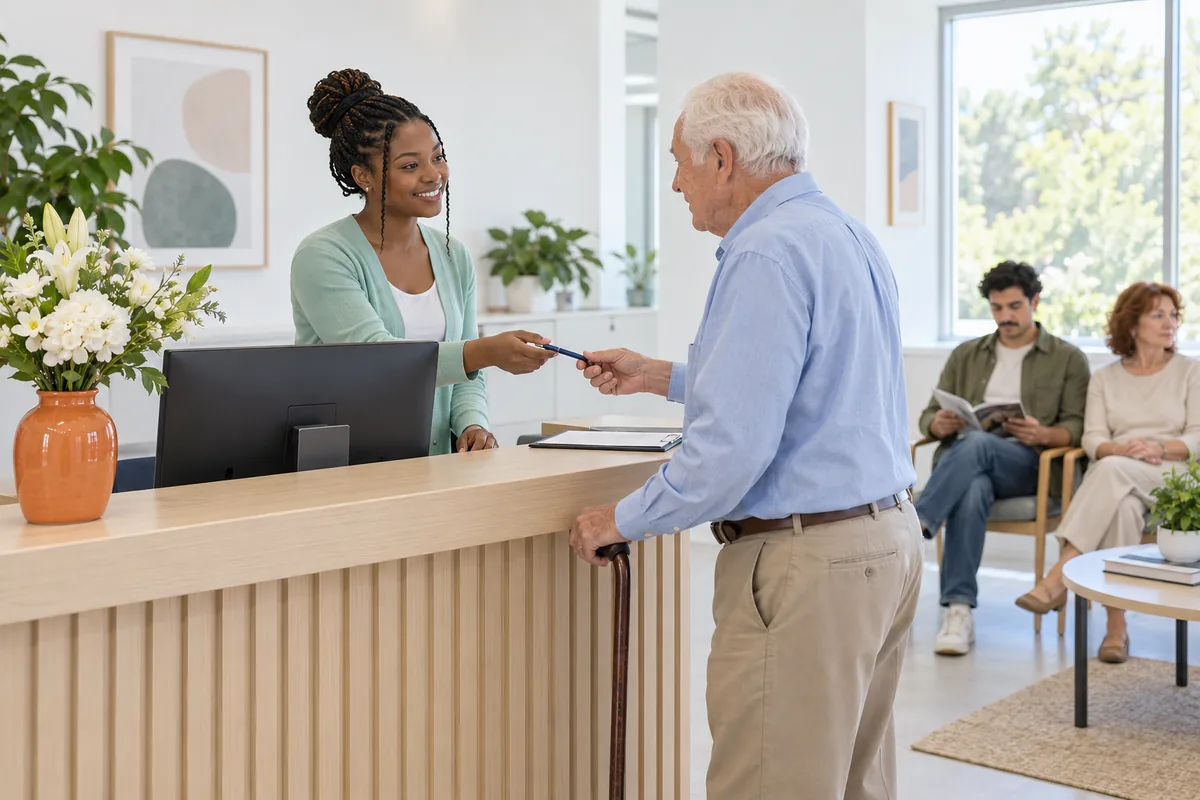 A receptionist handing a pen across a clinic desk to an older man with a walking stick beside an orange vase of flowers, two people waiting behind