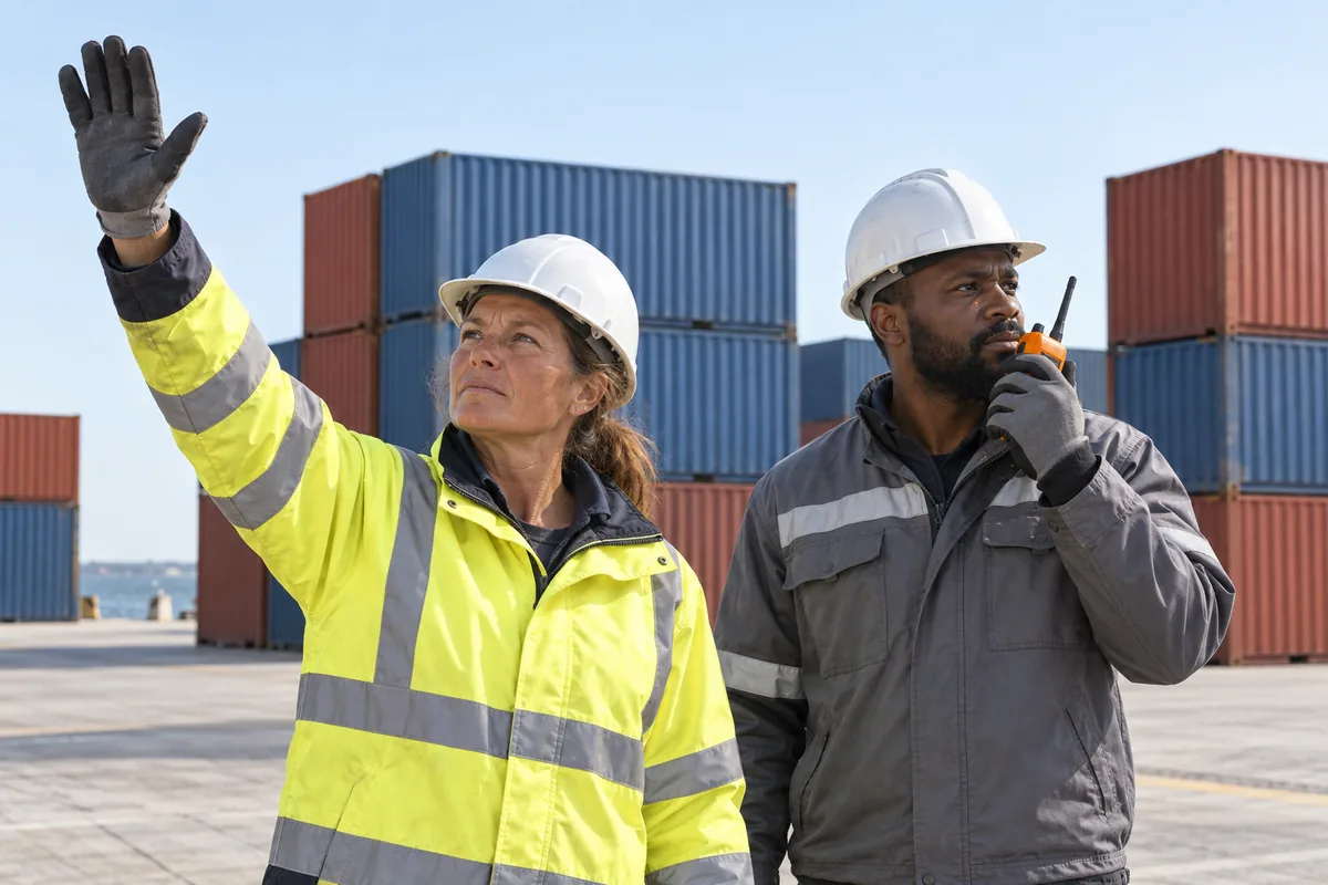 Two dock workers in white hard hats on a quay beside plain shipping containers, one signalling and one using an orange radio