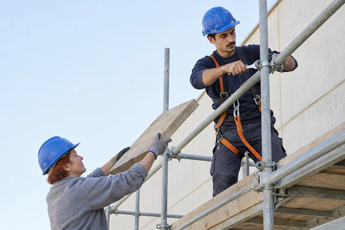 Two scaffolders in blue hard hats building a steel scaffold, one tightening a coupler and one passing up a wooden board