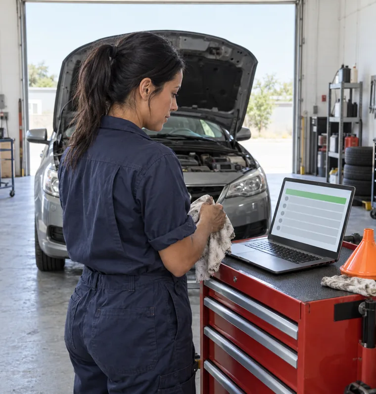 A mechanic in overalls wiping her hands and looking at a laptop on a tool chest that shows a list of grey rows with the top row green