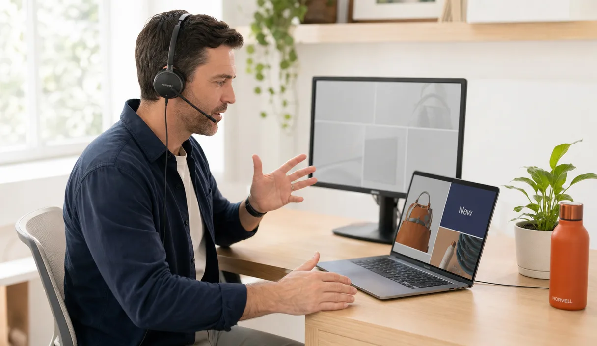 An SEO consultant wearing a headset talking a client through a website layout on a video call