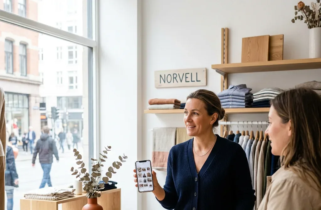 A shop owner showing a customer her business listing on a phone behind the counter of a bright boutique
