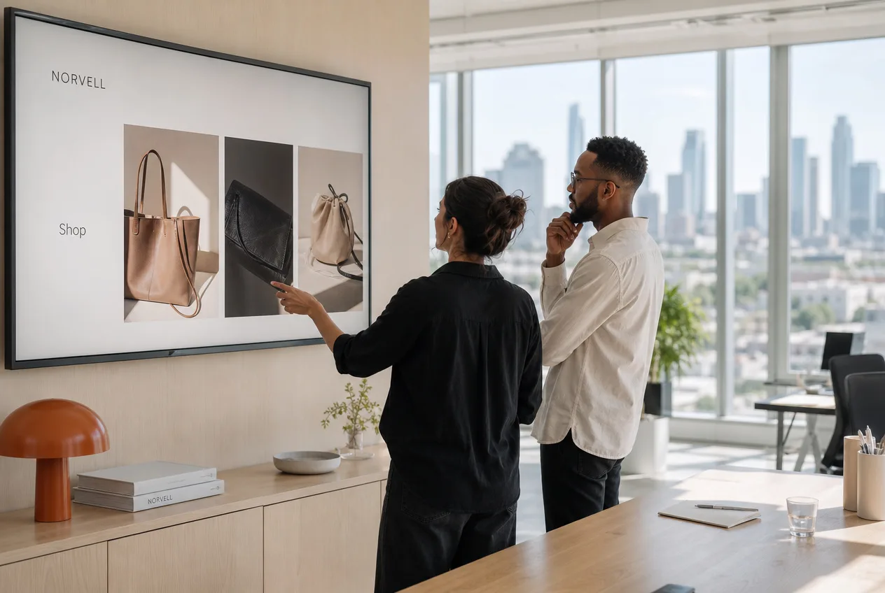 A business owner and a web designer reviewing a new website layout on a wall-mounted monitor in a bright office.