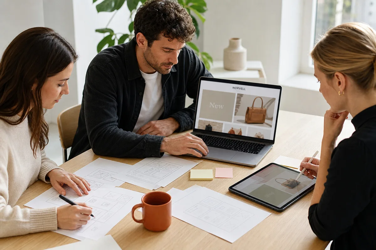 Three people sketching website wireframes on paper around a table, with a laptop showing a store layout.