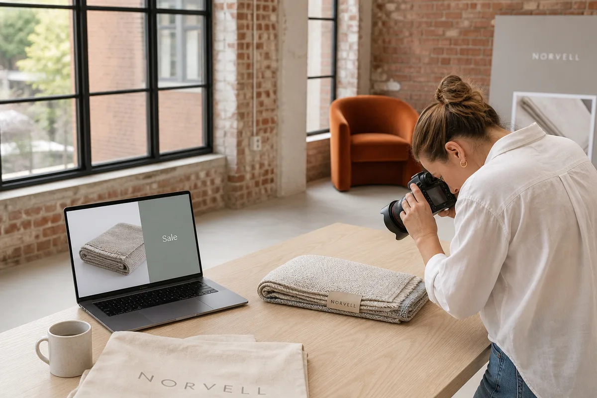 A photographer shooting product images in a brick warehouse showroom beside a laptop showing the product page.