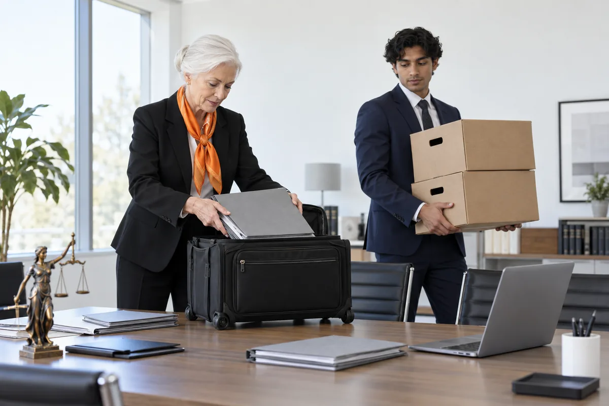 A lawyer in a black suit and orange scarf packing folders into a wheeled case while a younger colleague carries archive boxes
