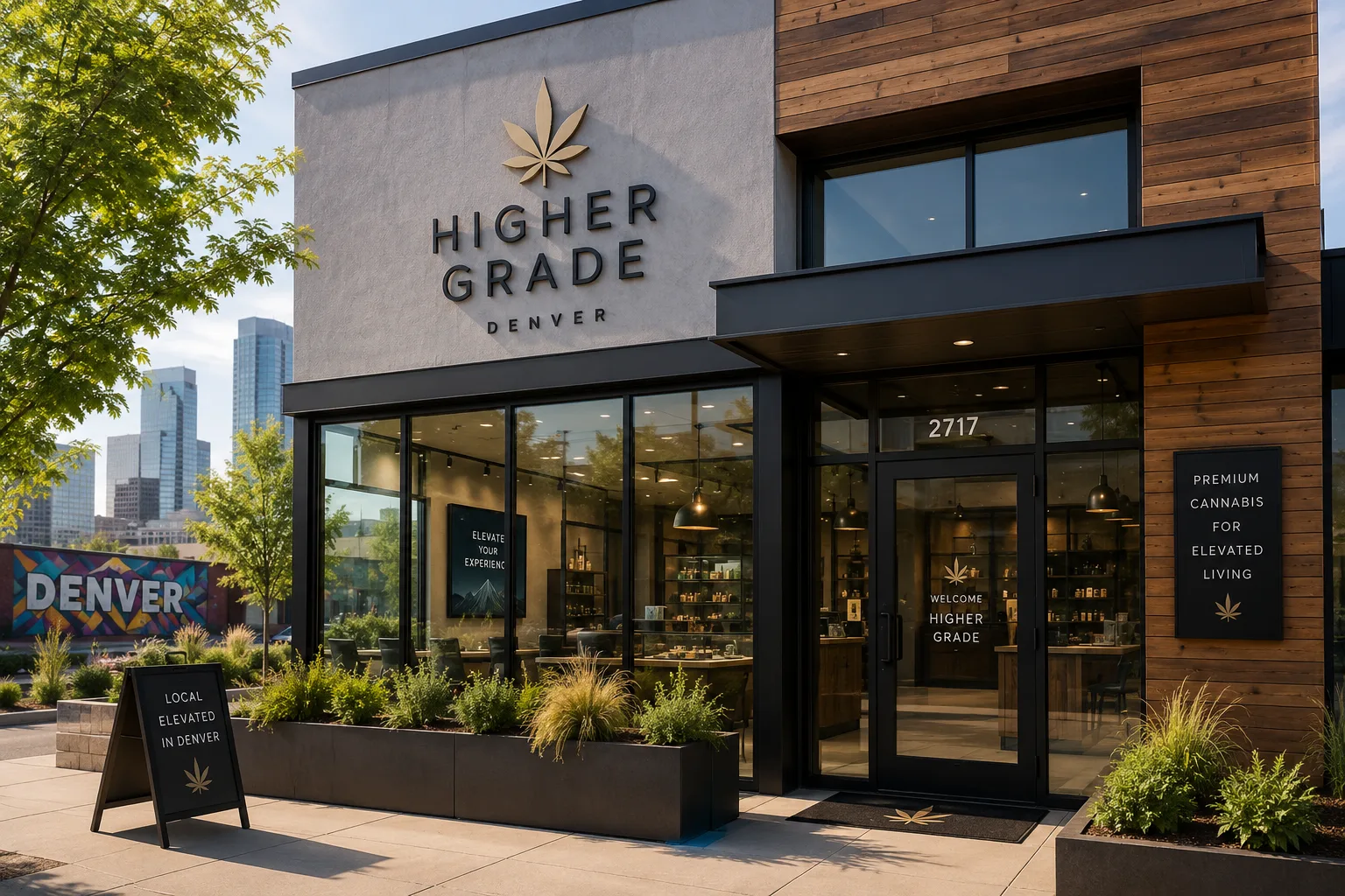 Modern upscale cannabis dispensary exterior in Denver at dusk