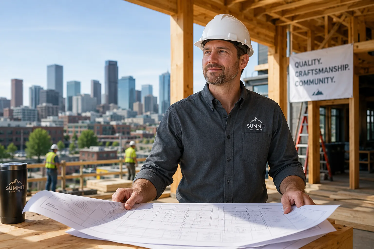 Contractor reviewing blueprints on a Denver construction site with the city skyline behind