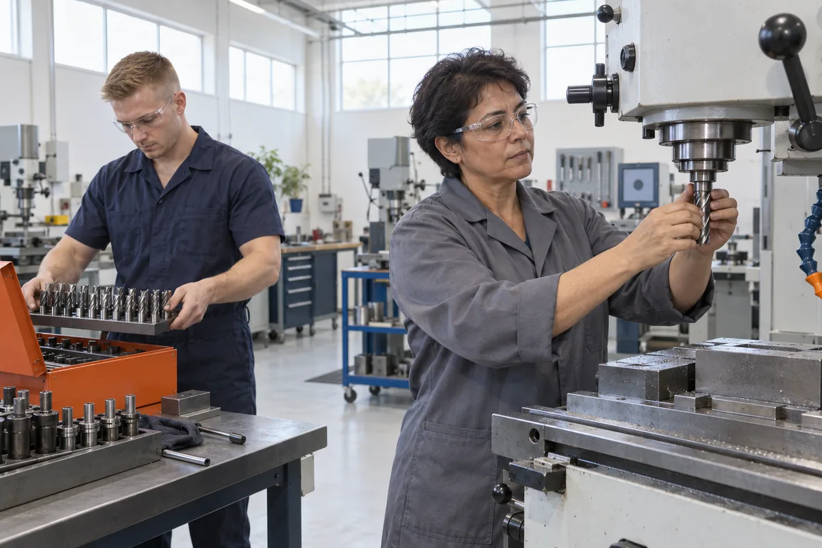 A toolmaker fitting a cutting tool into a milling machine while a man lifts a tray of end mills from an orange toolbox