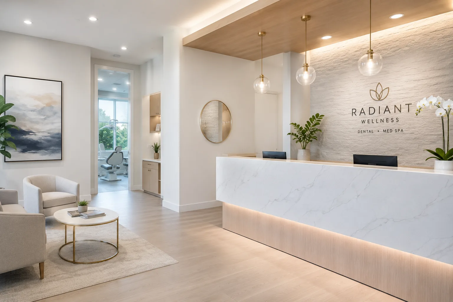 Bright modern Denver clinic reception, calm and clean