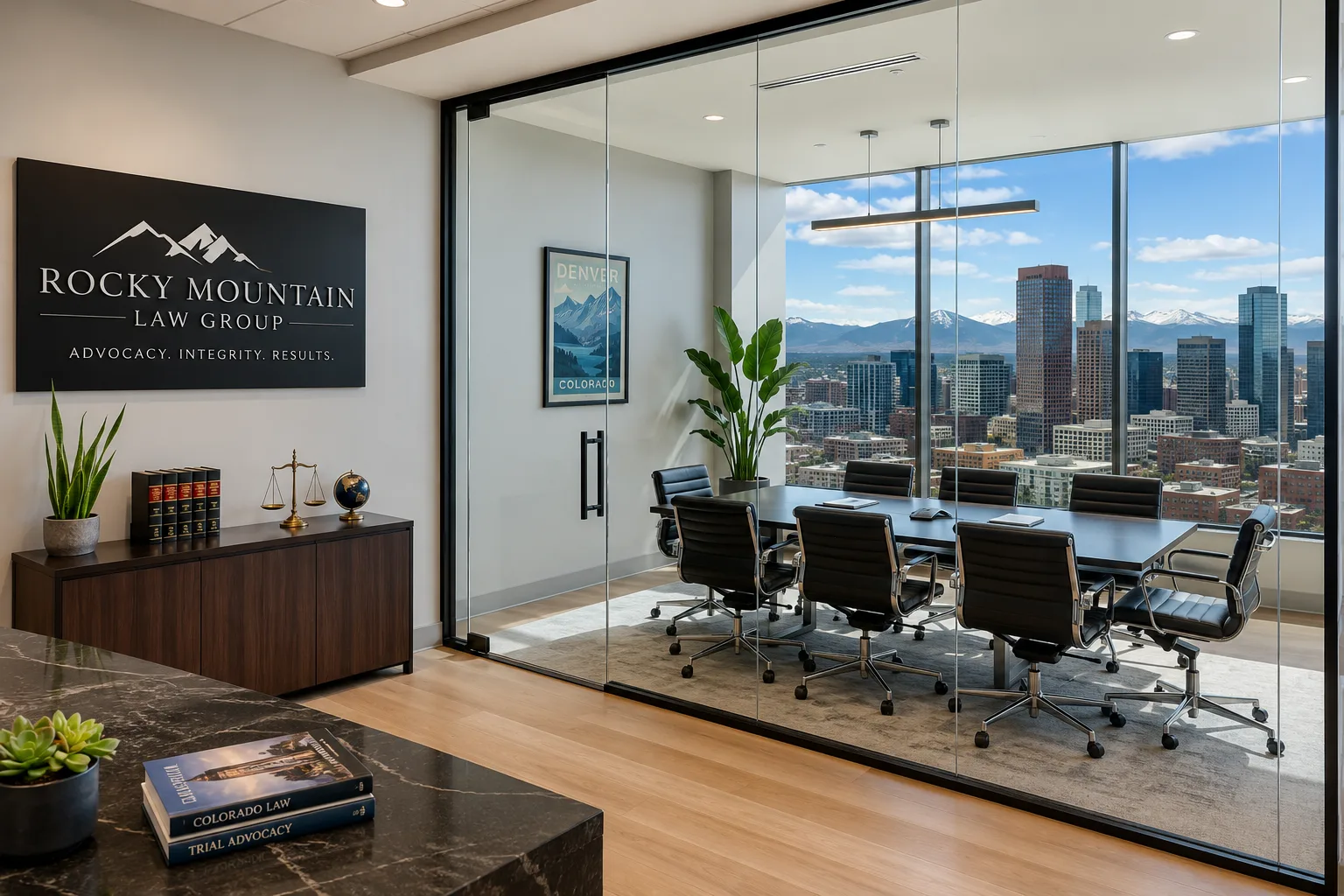 Modern Denver law office interior with a downtown city view