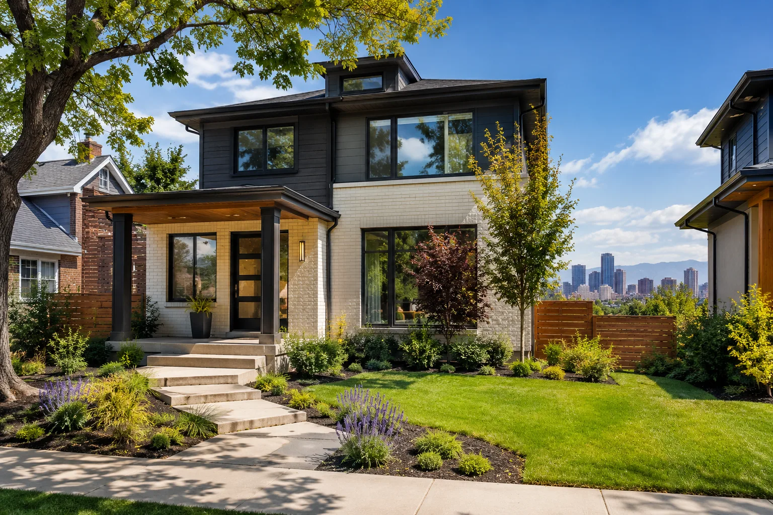 Sunlit modern Denver home exterior with a manicured front yard