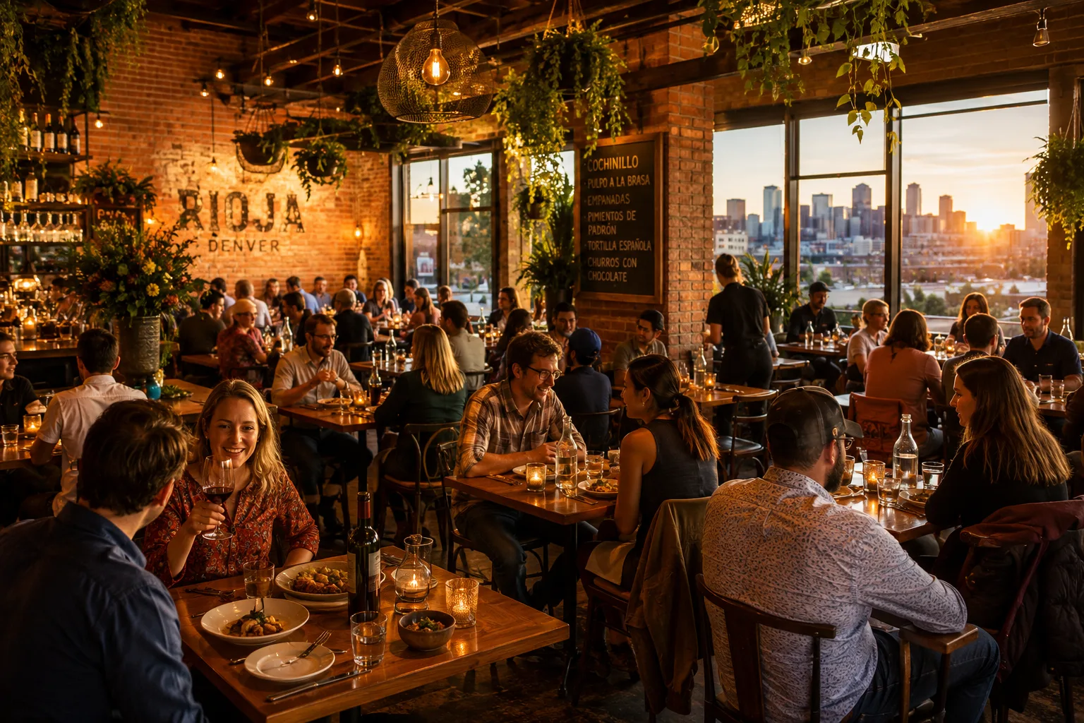 Warm Denver restaurant interior at golden hour with full tables