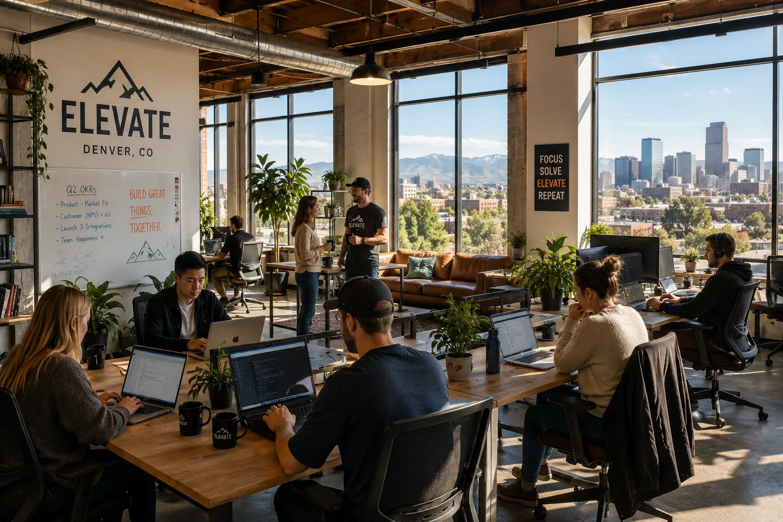 Airy Denver startup tech office with people working at laptops
