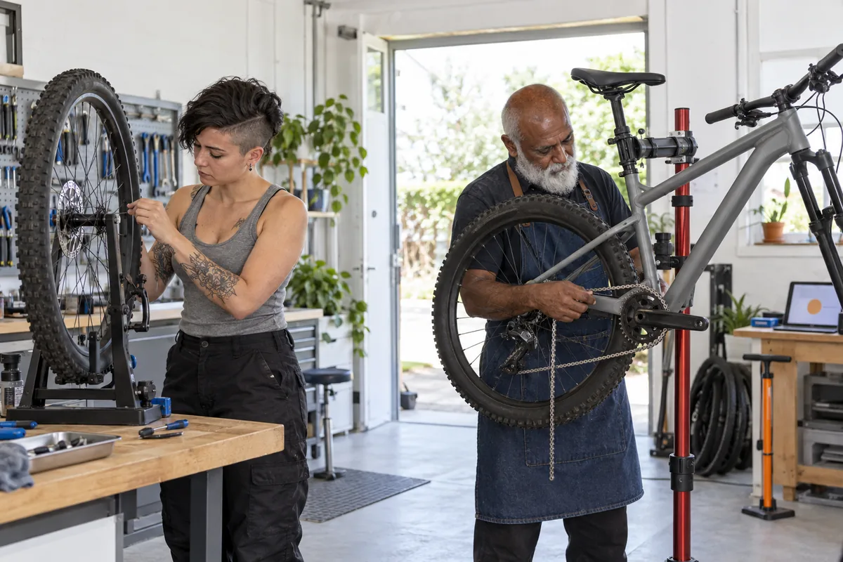 A mechanic adjusting a spoke on a wheel in a truing stand while a man fits a chain to a grey mountain bike held in a repair stand