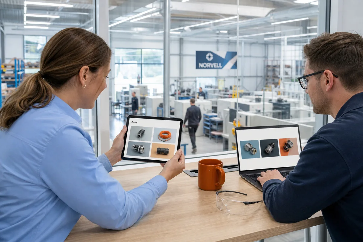 An engineer reviewing a parts catalogue page on a tablet in a bright office overlooking a factory floor