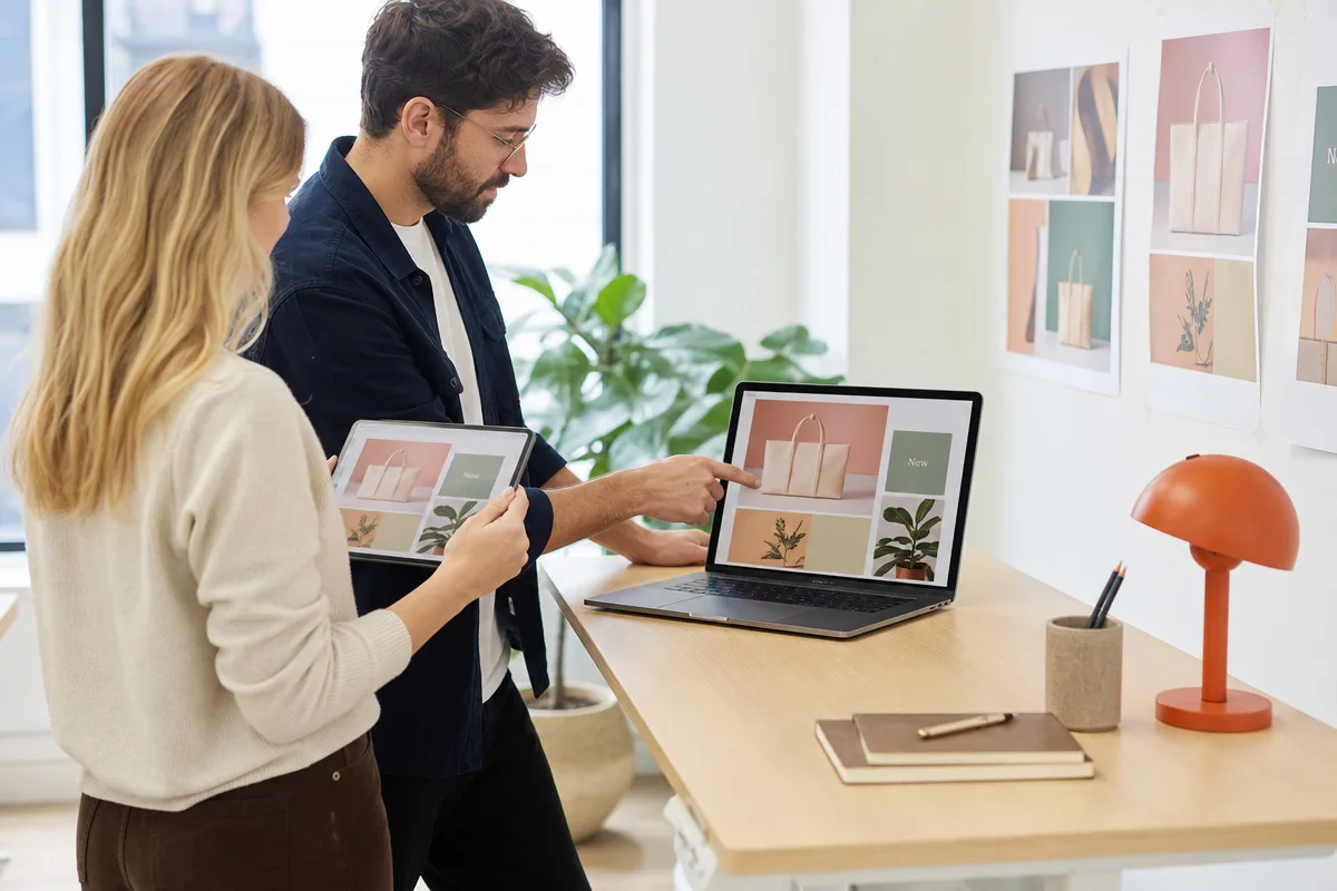 Two colleagues at a standing desk reviewing a website homepage layout on a laptop with printed wireframes on the wall behind them