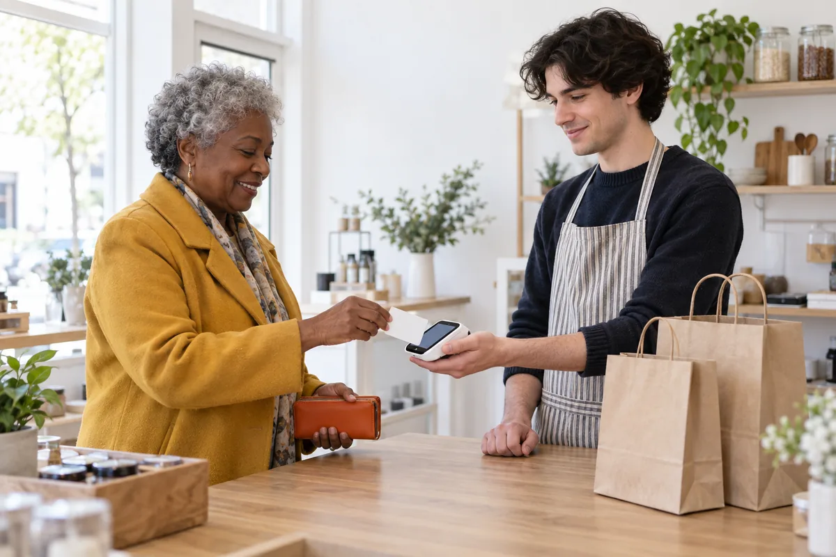 A customer holding an orange wallet tapping a plain card on a card reader held out by a shop worker at a counter