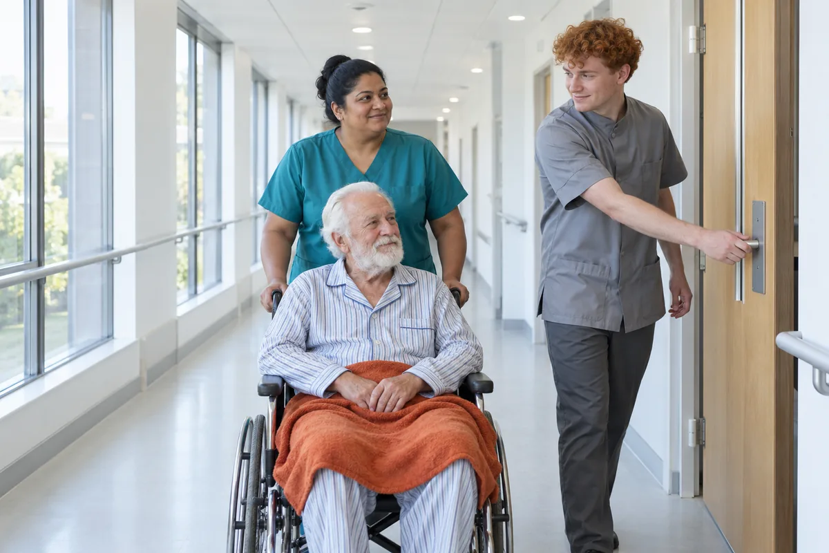 A nurse in teal scrubs pushing an older man in a wheelchair with an orange blanket on his knees while a porter holds a door open in a corridor