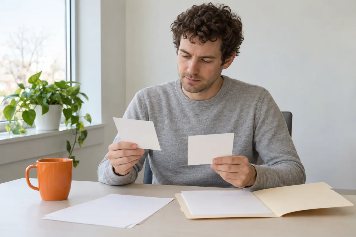 A man with curly brown hair in a light grey sweater sits at a pale desk looking at two small blank white prints he holds, with an open manila folder, loose blank sheets and an orange mug on the desk and a plant on the windowsill