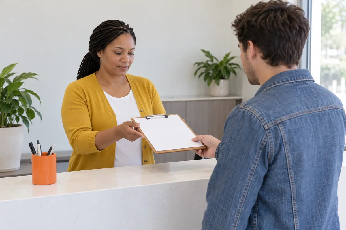 A woman with braided hair in a mustard cardigan hands a wooden clipboard holding a blank sheet across a white counter to a man in a denim jacket seen from behind, with an orange pen pot on the counter and potted plants behind her