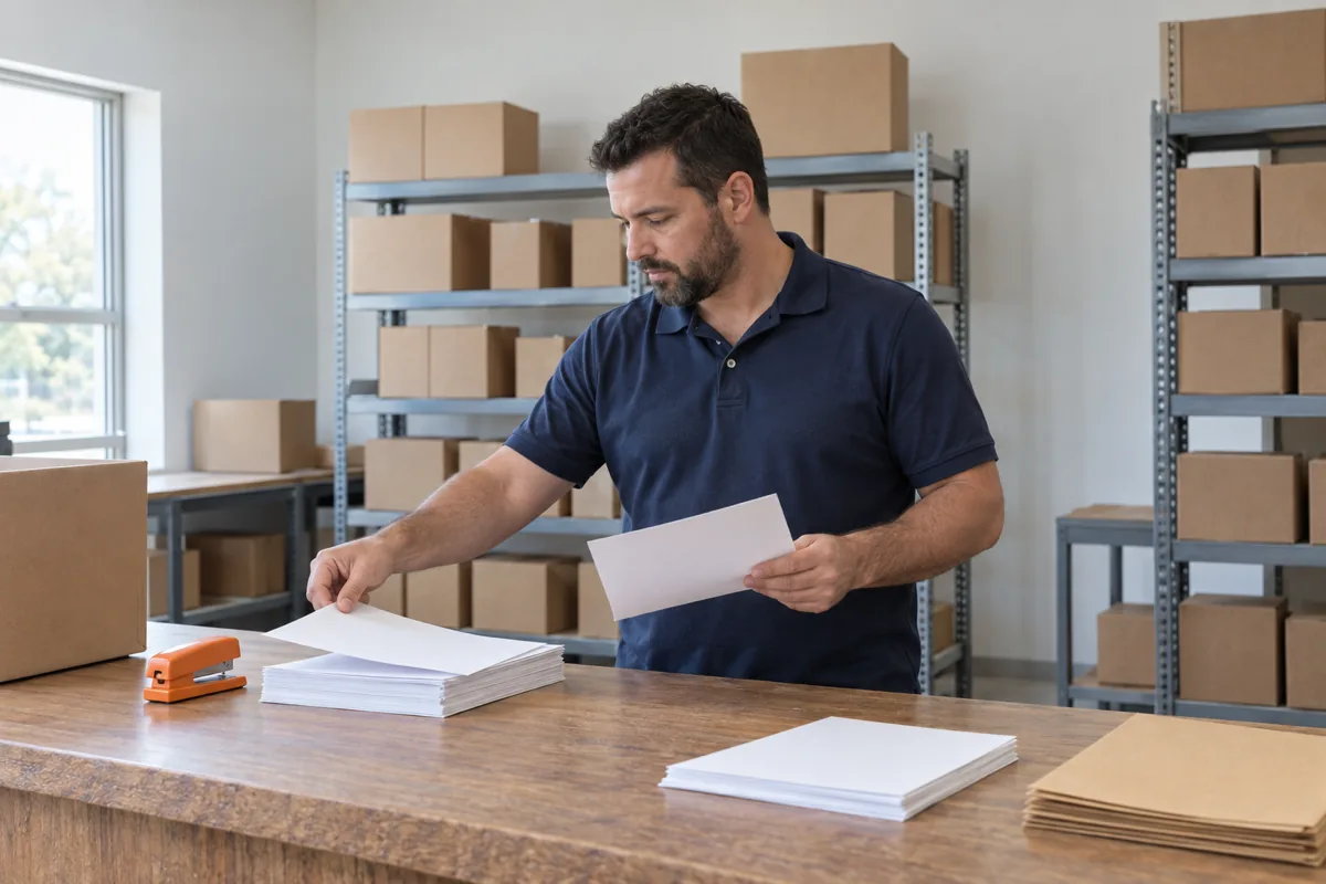 A man with short dark hair and a beard, in a navy polo shirt, lays a blank sheet of paper on a stack at a wooden counter while holding another sheet, with an orange stapler on the counter and shelves of plain cardboard cartons behind him