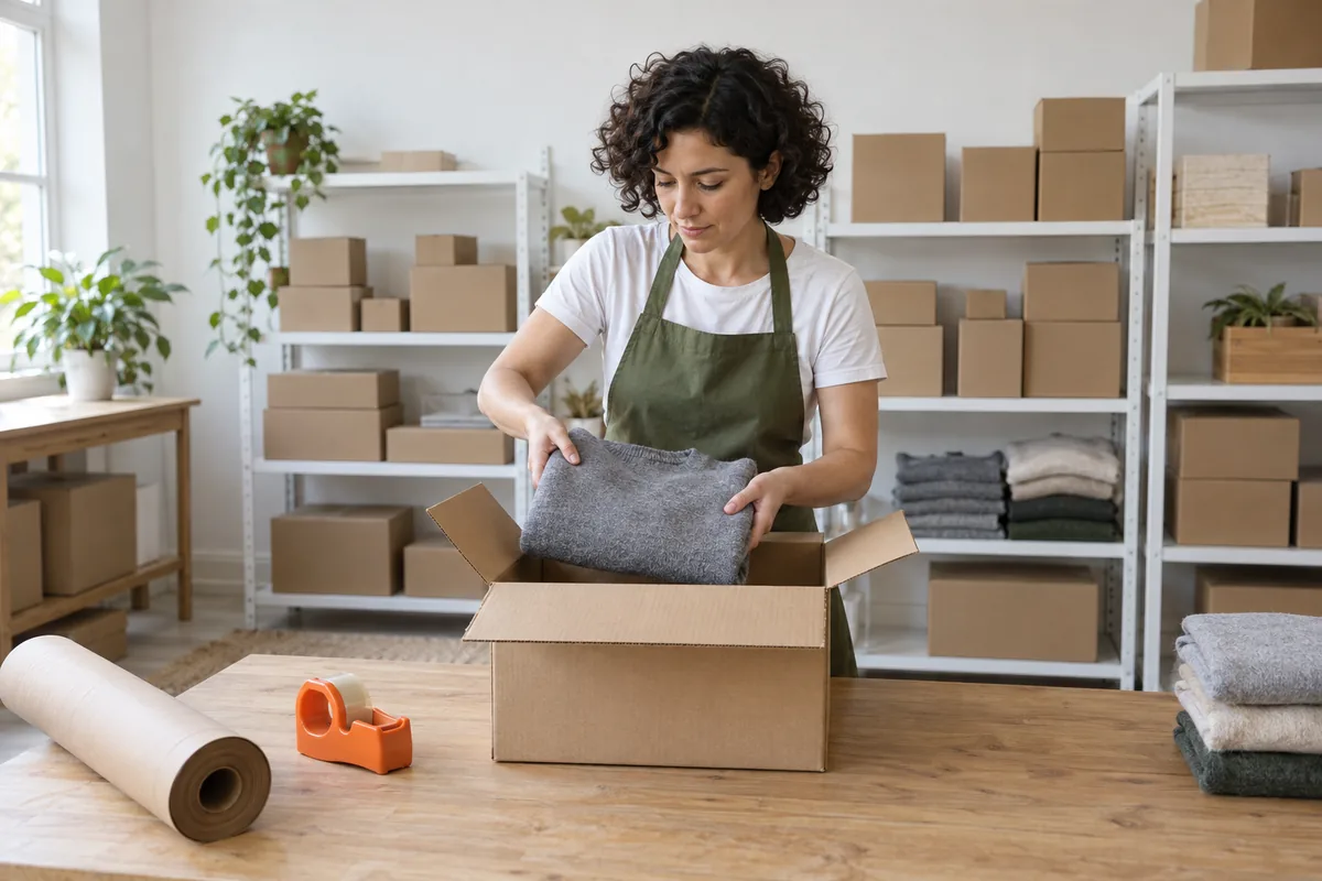 A woman with short dark curly hair in an olive green apron lowers a folded grey sweater into an open cardboard box on a wooden packing table, beside an orange tape dispenser and a roll of brown paper