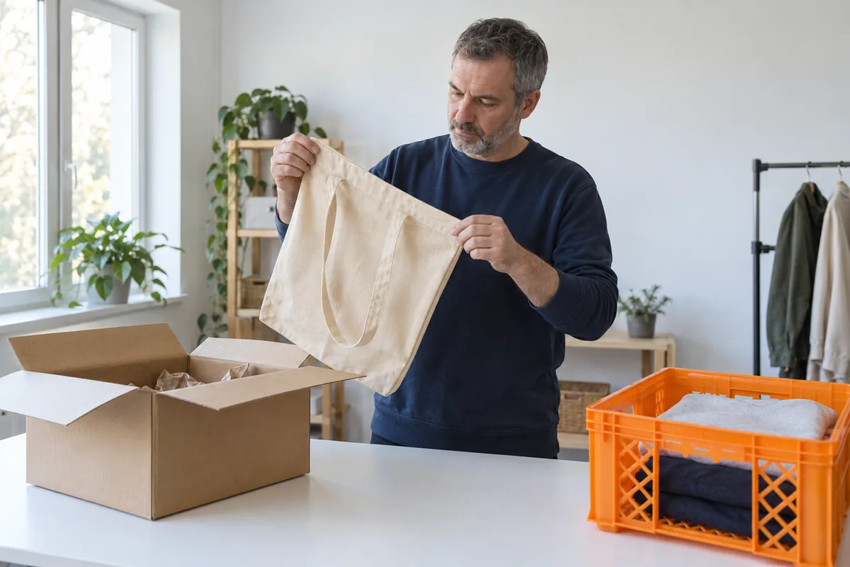 A man with a short grey beard in a navy sweatshirt holds up a plain canvas tote bag to inspect it at a white table, between an open cardboard box and an orange plastic crate of folded clothes