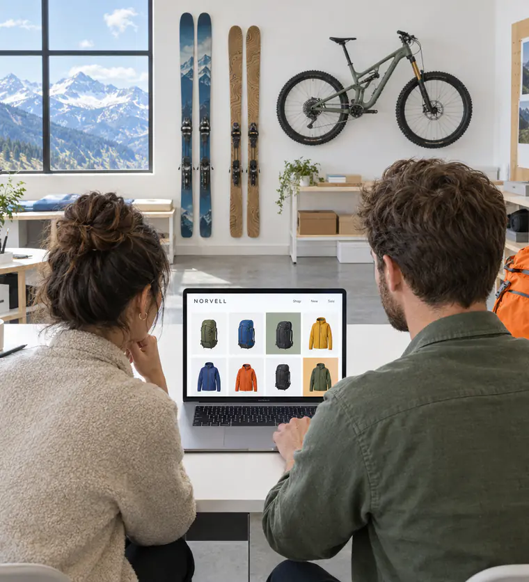 Two people at a Denver outdoor gear brand reviewing their online store on a laptop, with skis and a mountain bike on the wall and the Rocky Mountains outside