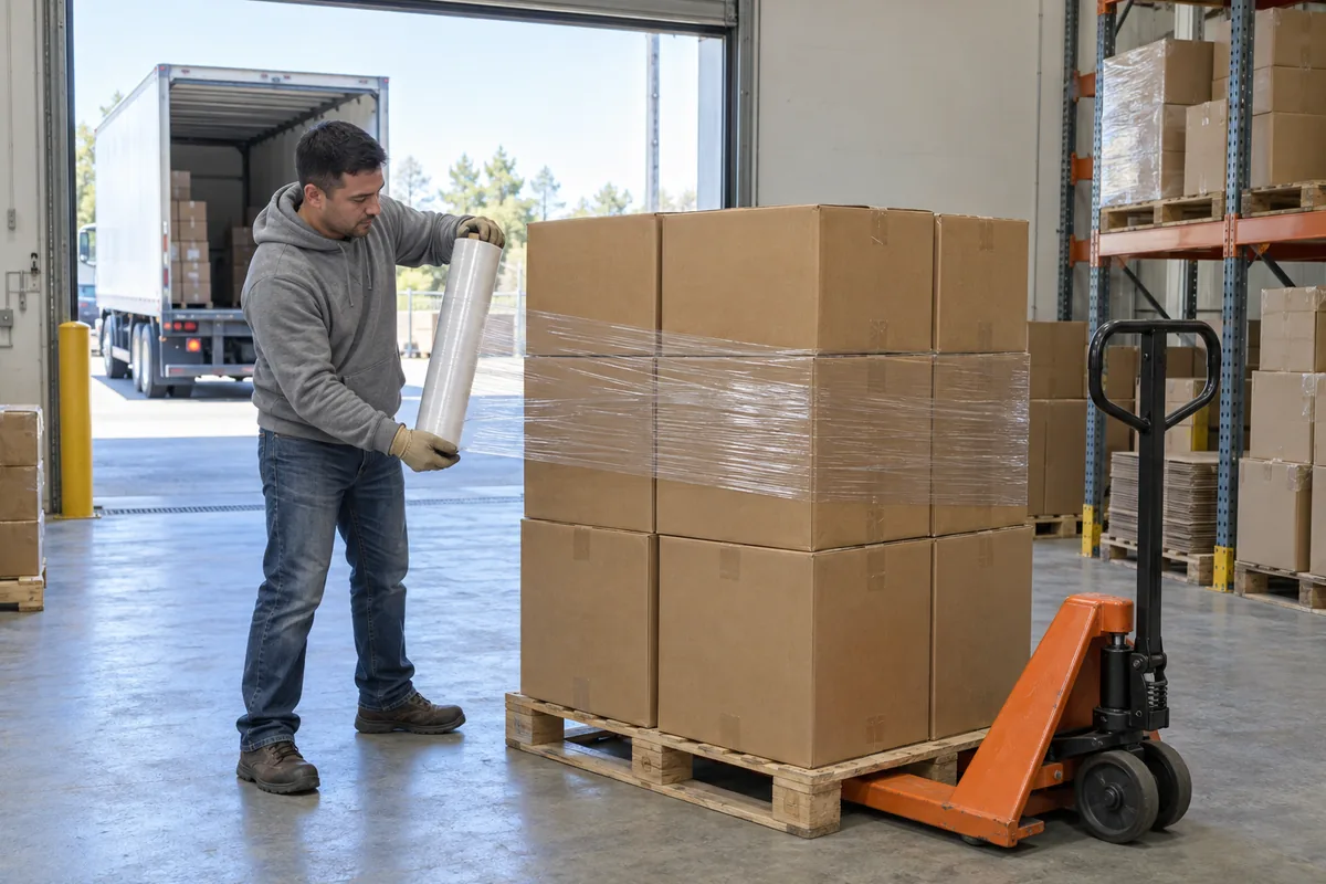 A man in a grey hooded sweatshirt wraps clear film around a pallet of plain cardboard boxes at a warehouse loading dock beside an orange pallet jack