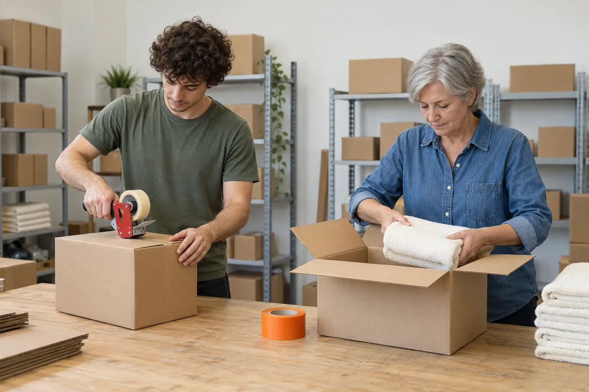 A man tapes a cardboard box shut while a woman lays a folded cream towel into an open box at a wooden packing bench