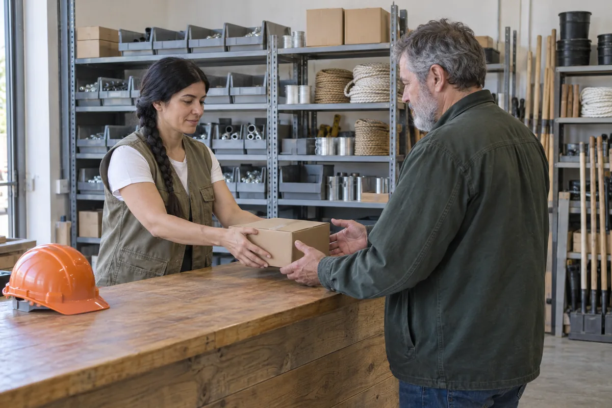 A woman in a khaki work vest hands a small cardboard box across a wooden counter to a man in a green jacket, with shelves of parts bins behind her